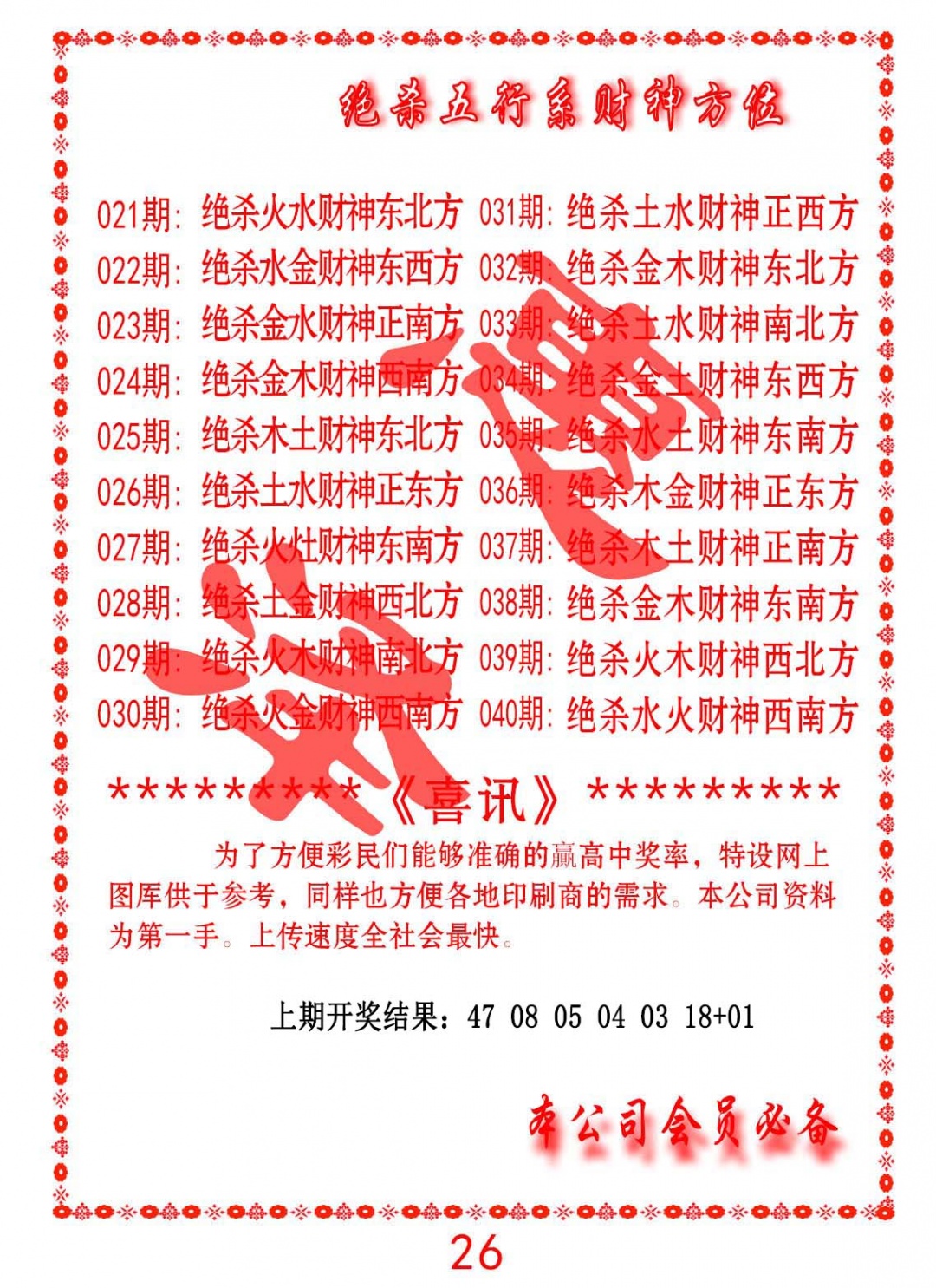 030期绝杀五行及财神方位[图]